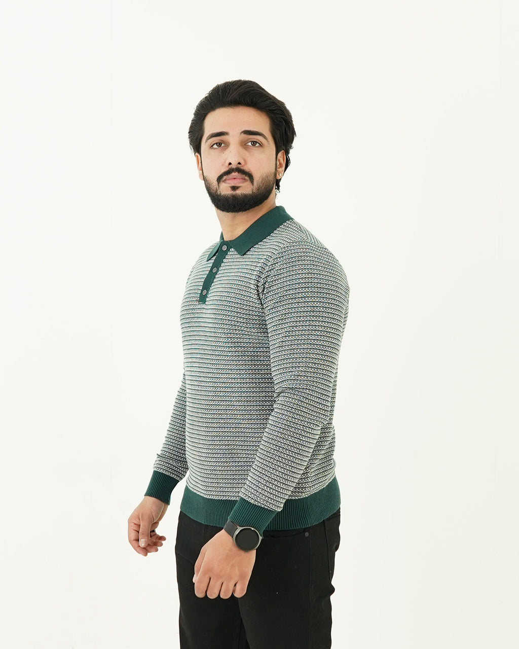 Textured Green Polo Sweater