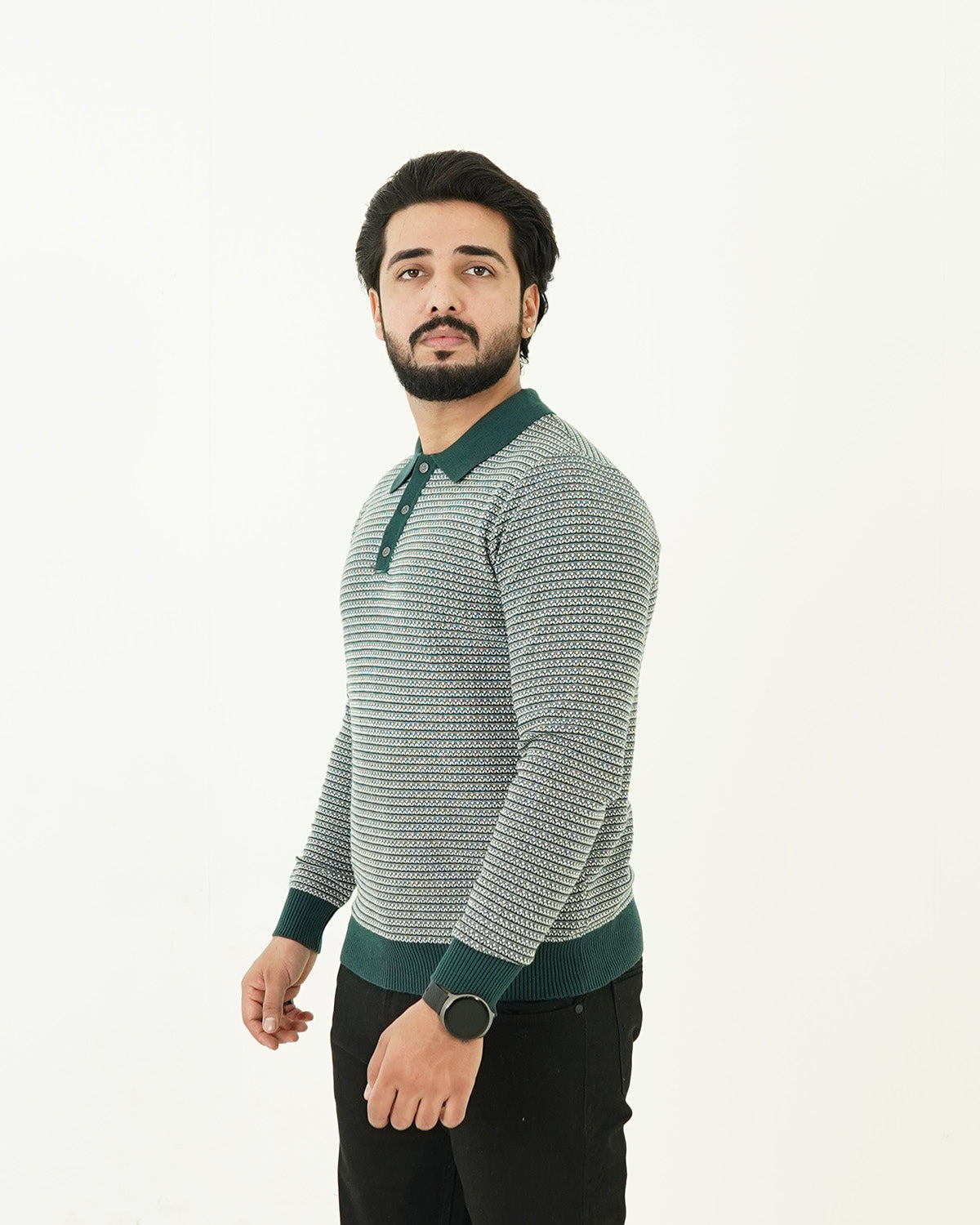 Textured Green Polo Sweater
