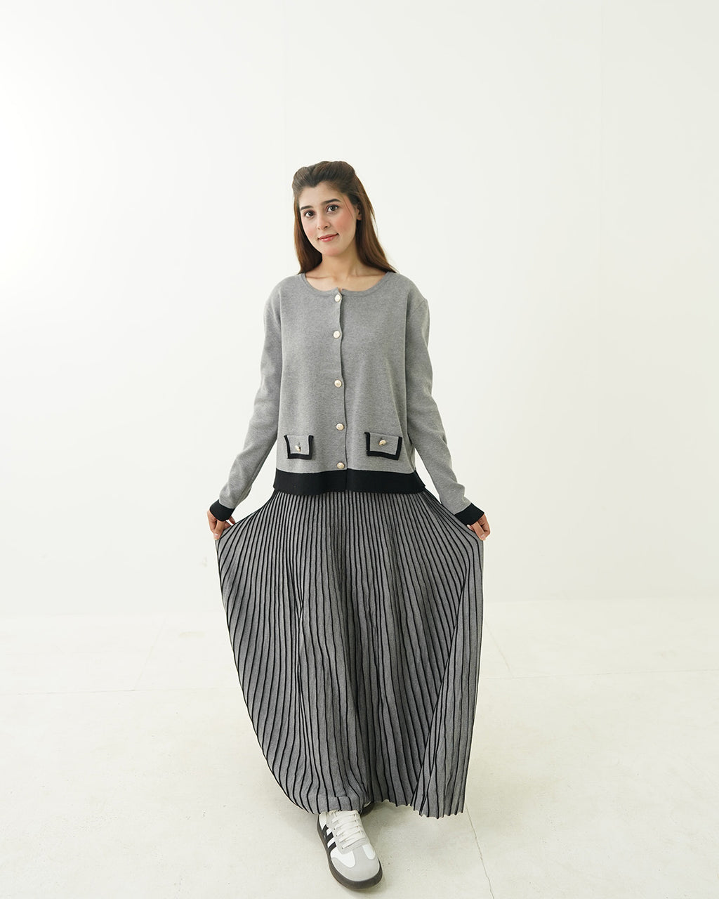 Silver Mist Button Shirt & Pleated Skirt Set