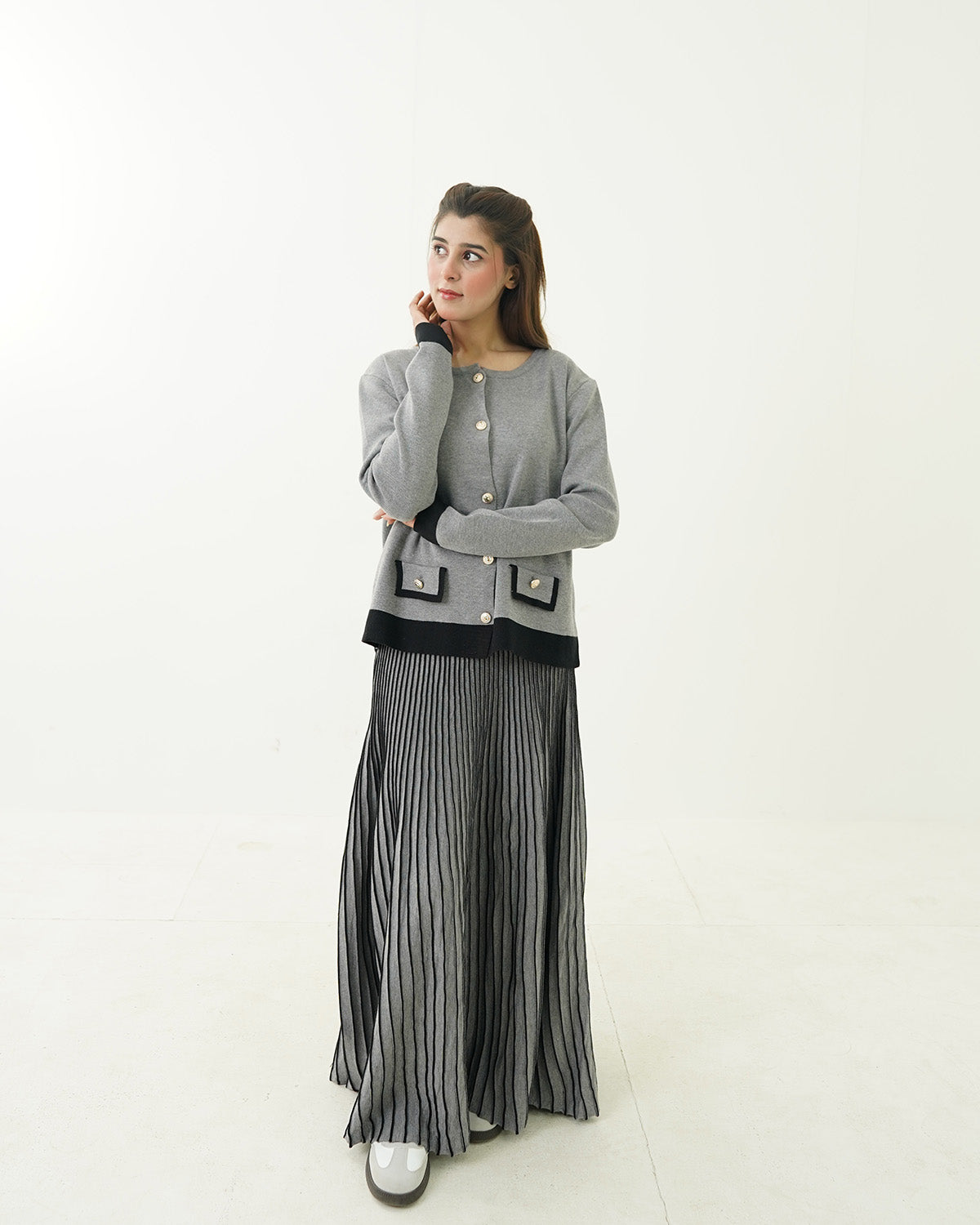 Silver Mist Button Shirt & Pleated Skirt Set