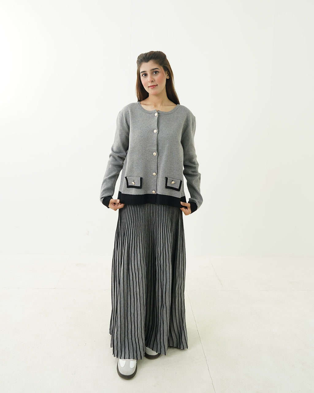 Silver Mist Button Shirt & Pleated Skirt Set
