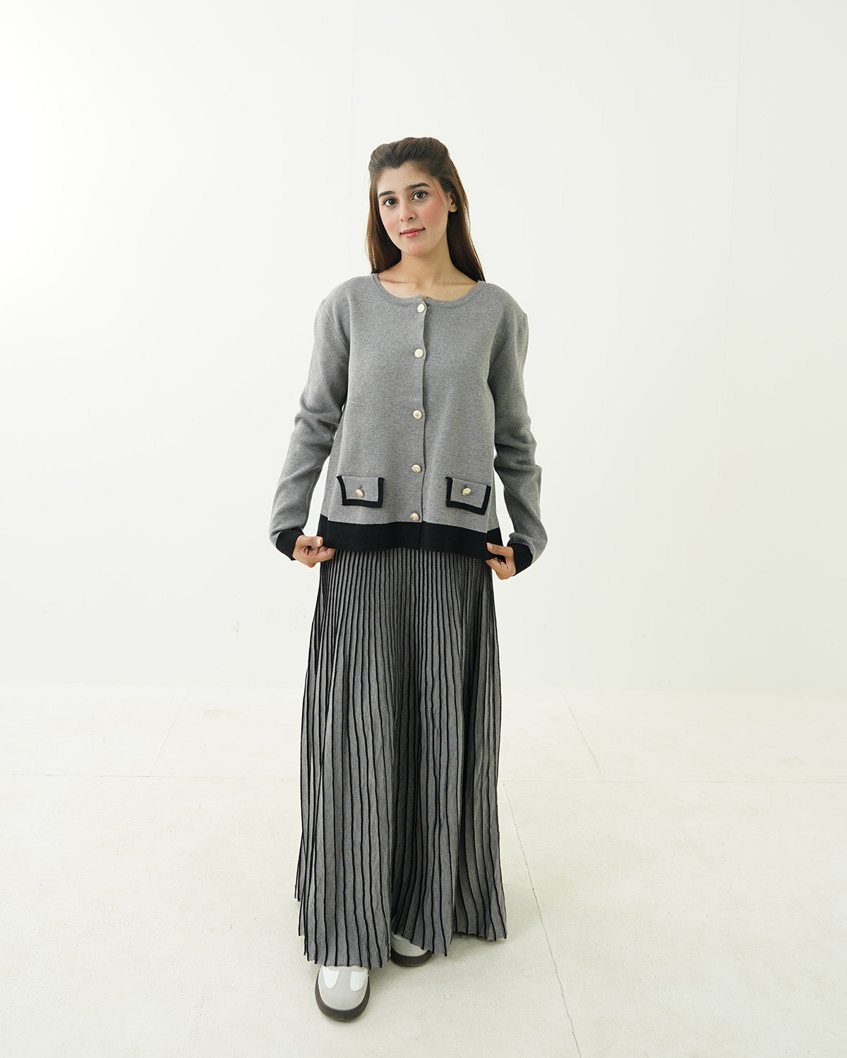 Silver Mist Button Shirt & Pleated Skirt Set