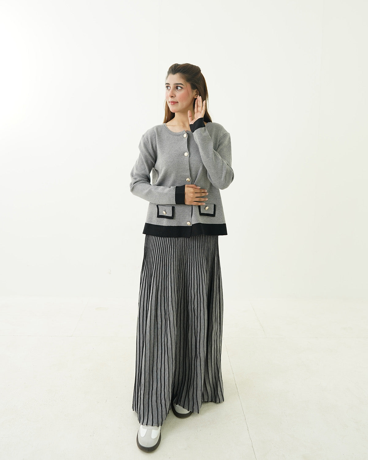 Silver Mist Button Shirt & Pleated Skirt Set