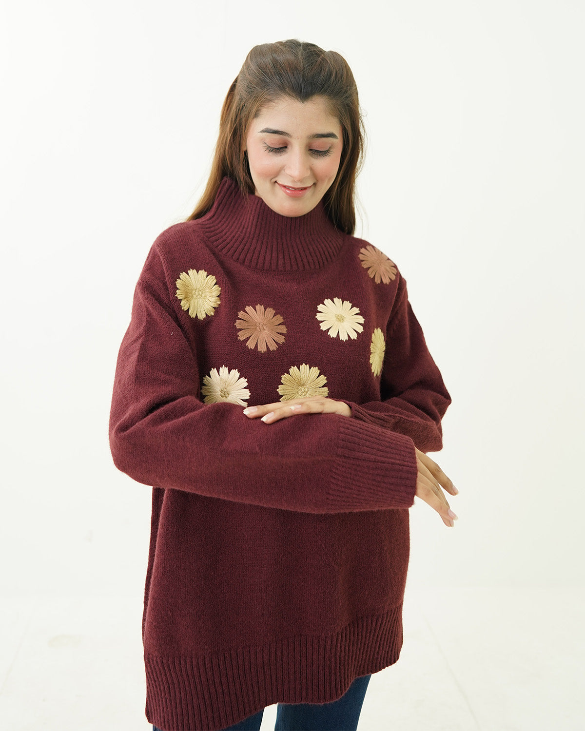 Maroon Floral embroidered Sweater