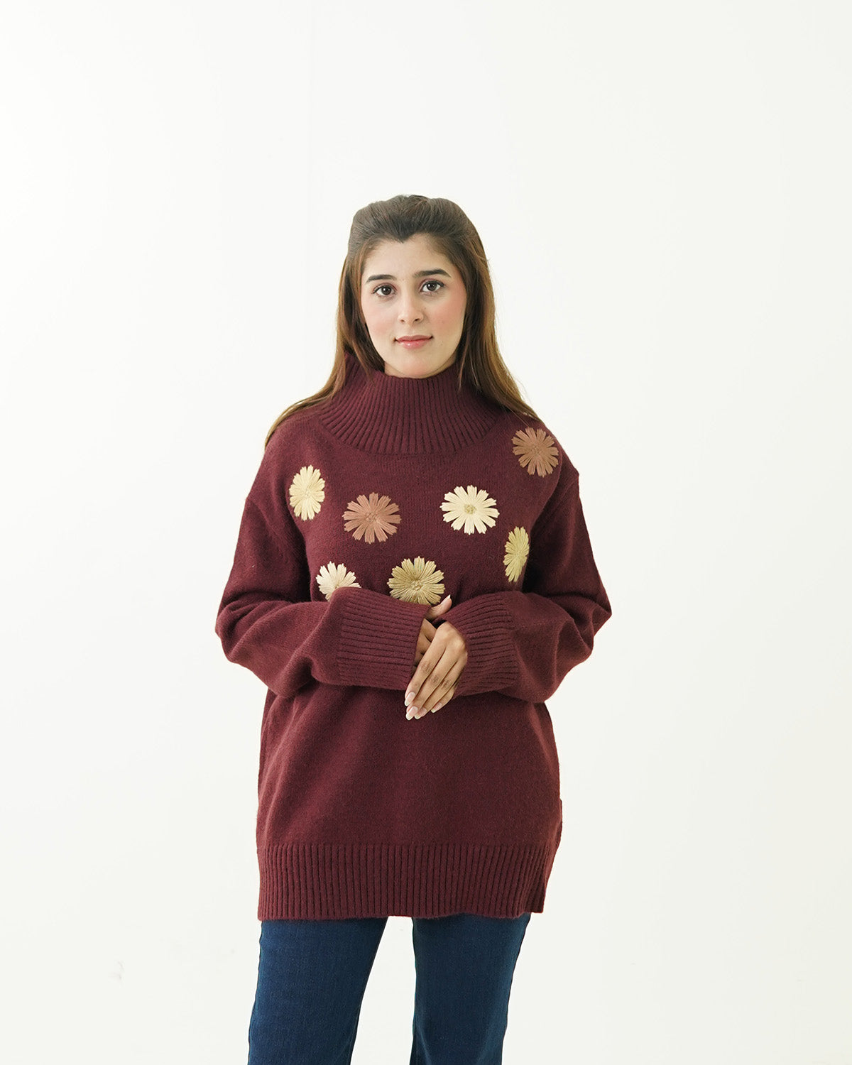 Maroon Floral embroidered Sweater