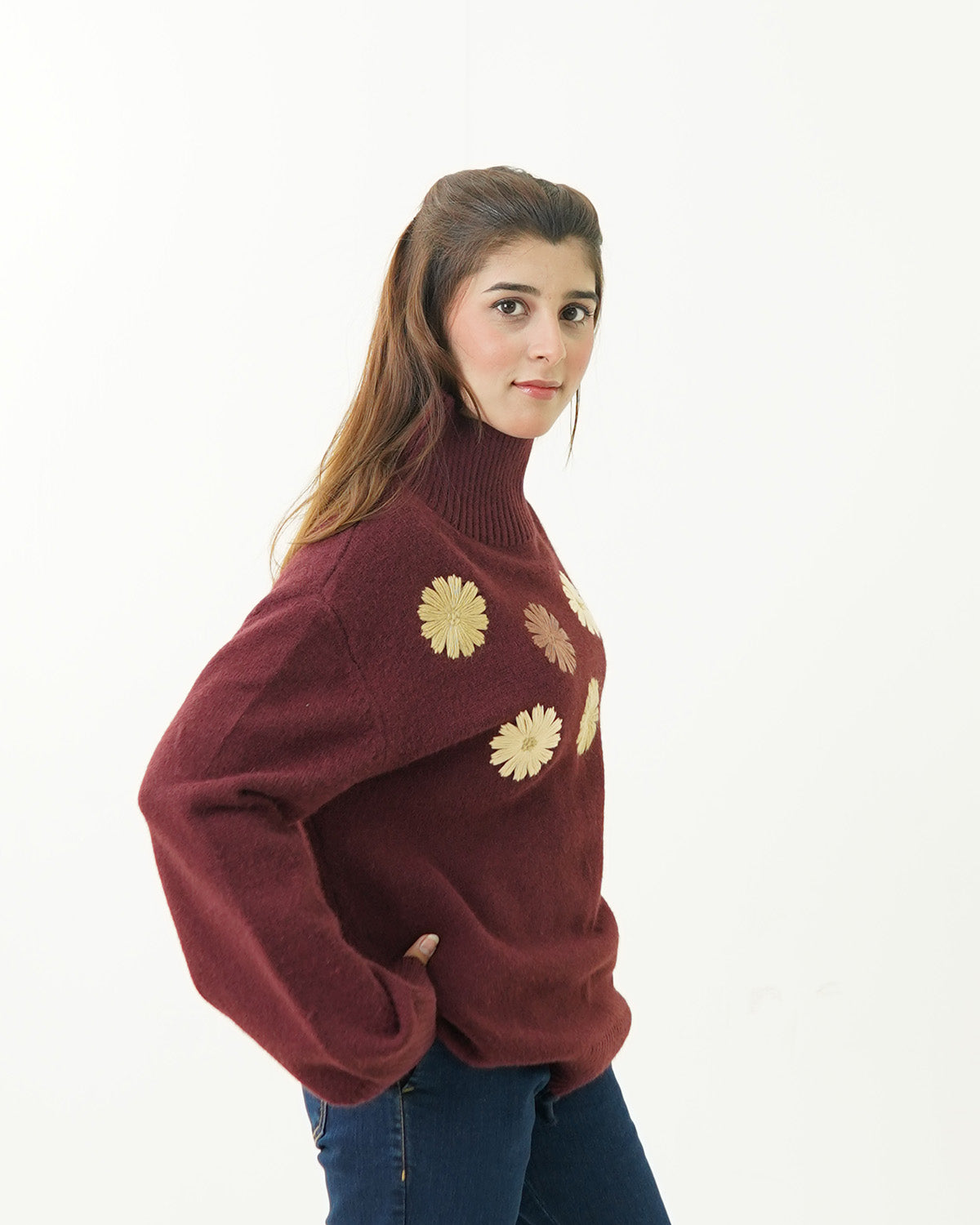 Maroon Floral embroidered Sweater