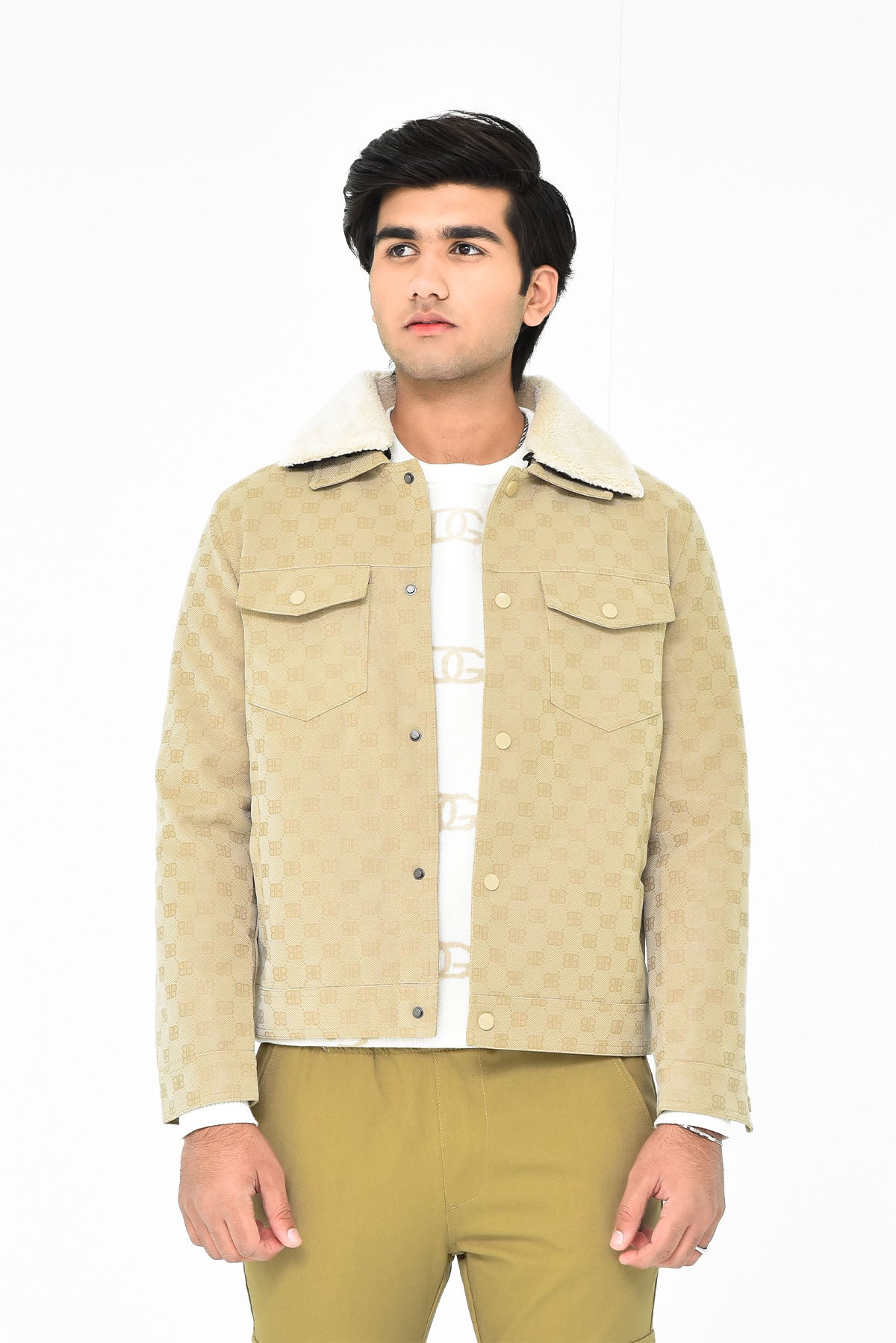 Men's Beige Sherpa Collar Denim Jacket