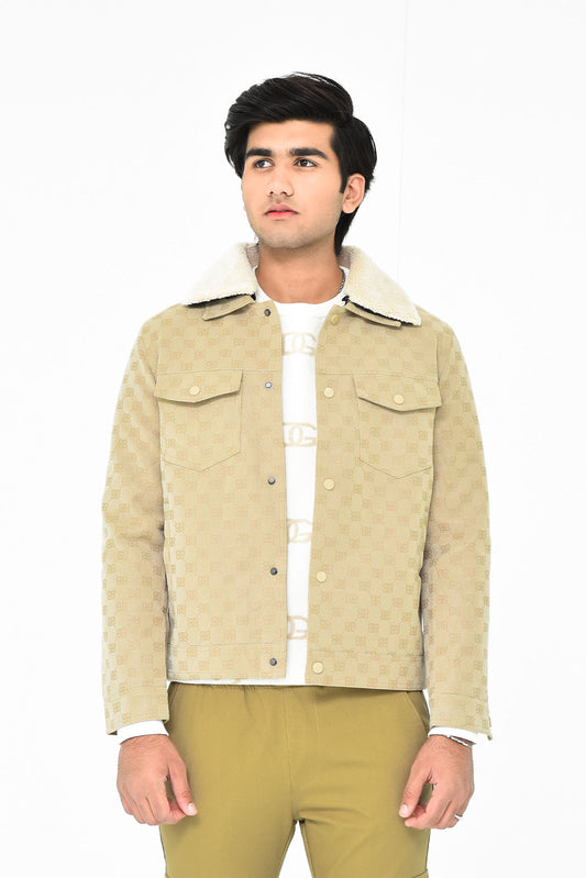 Men's Beige Sherpa Collar Denim Jacket