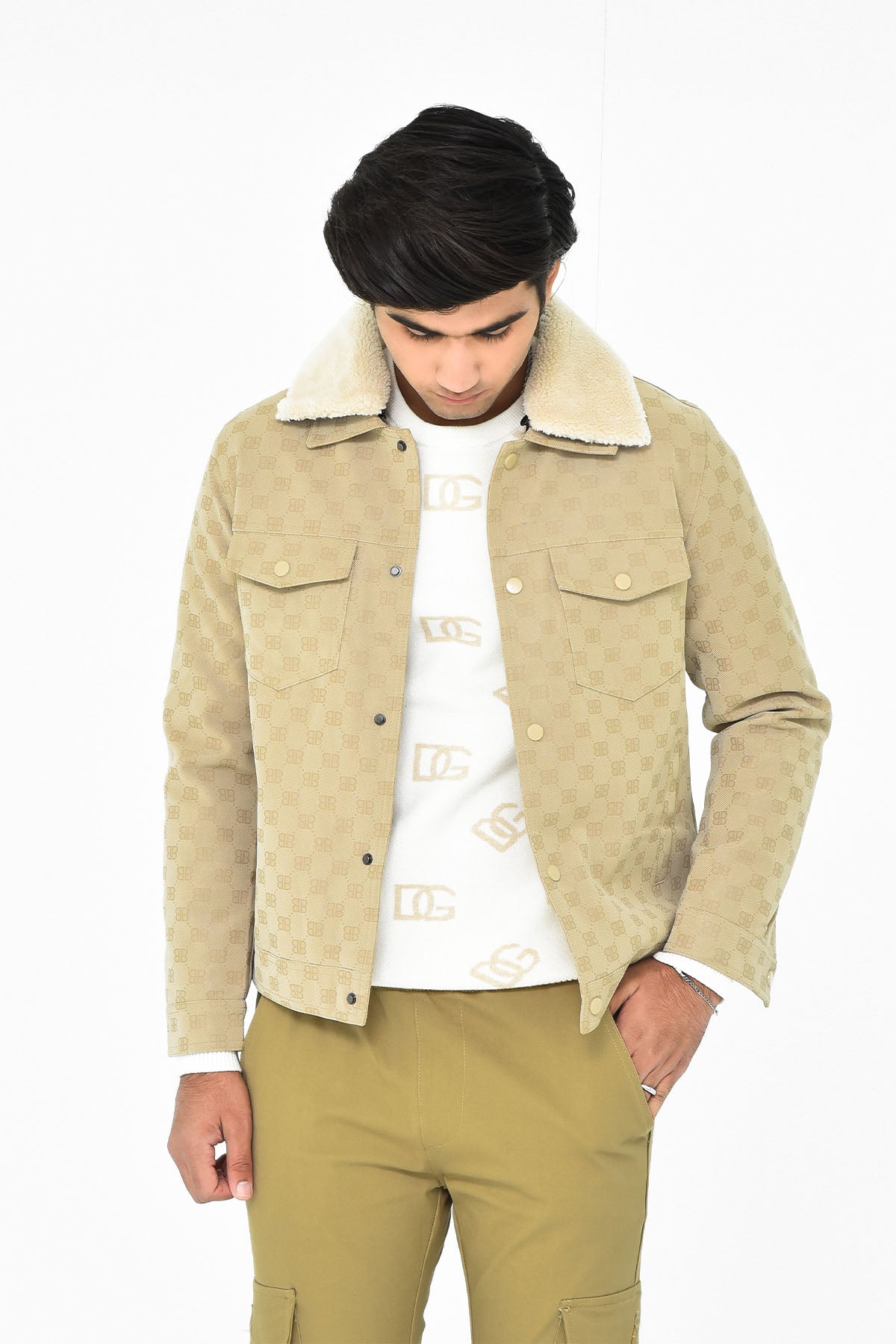 Men's Beige Sherpa Collar Denim Jacket