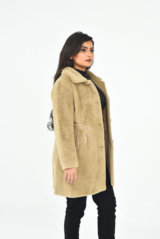 Women's Longline Beige Faux Fur Coat