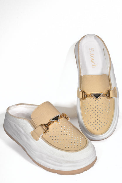 Beige Perforated Mules with Gold Accent