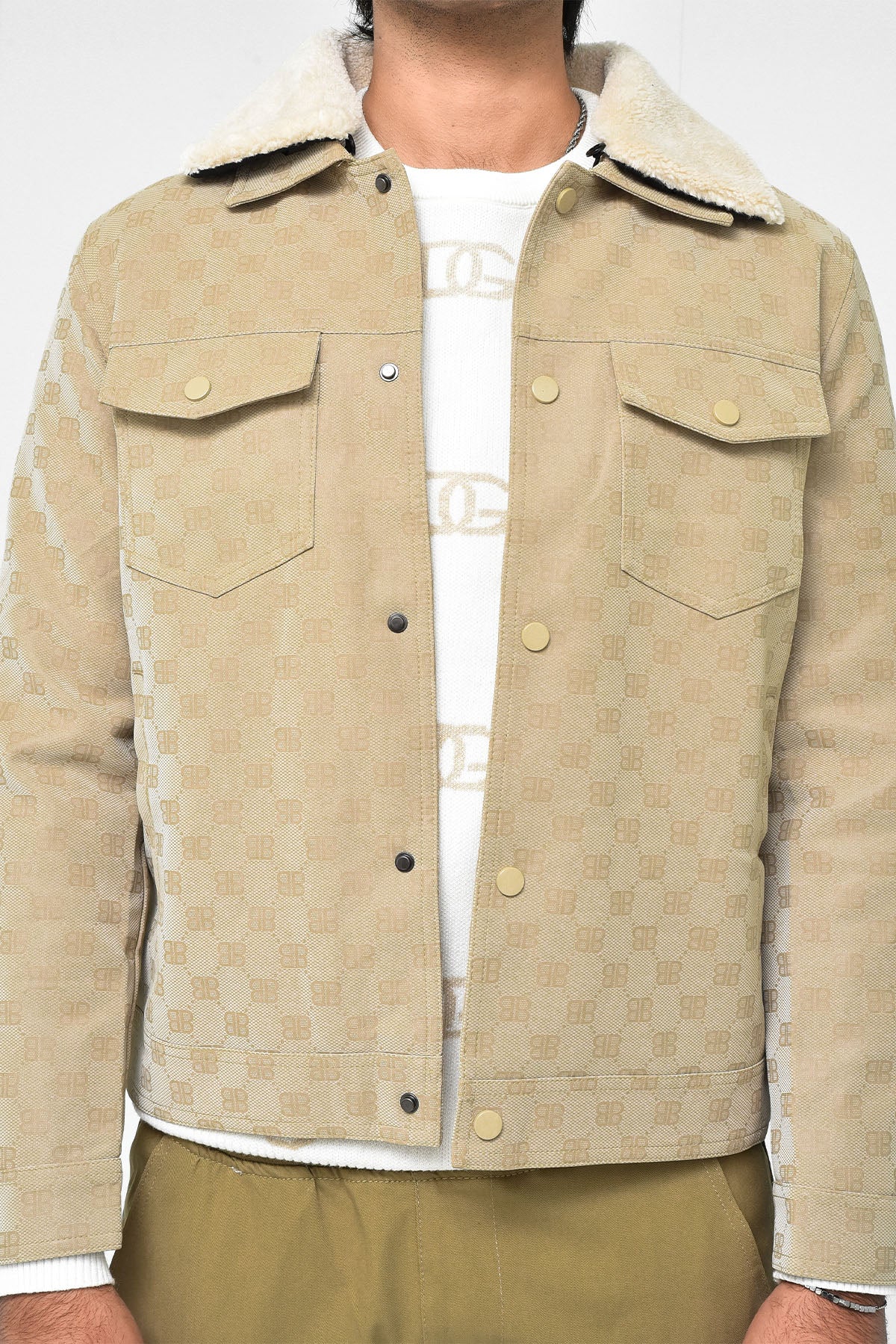 Men's Beige Sherpa Collar Denim Jacket