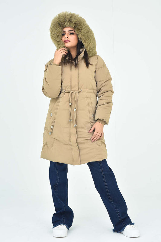 Women's Long Beige Hooded Winter Coat