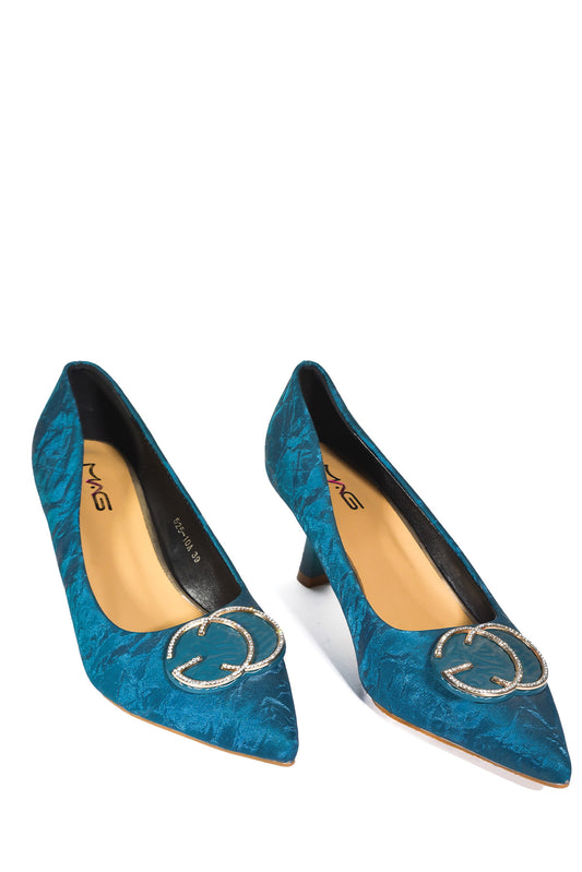 Teal Satin Pointed-Toe Flats with Embellished Detail