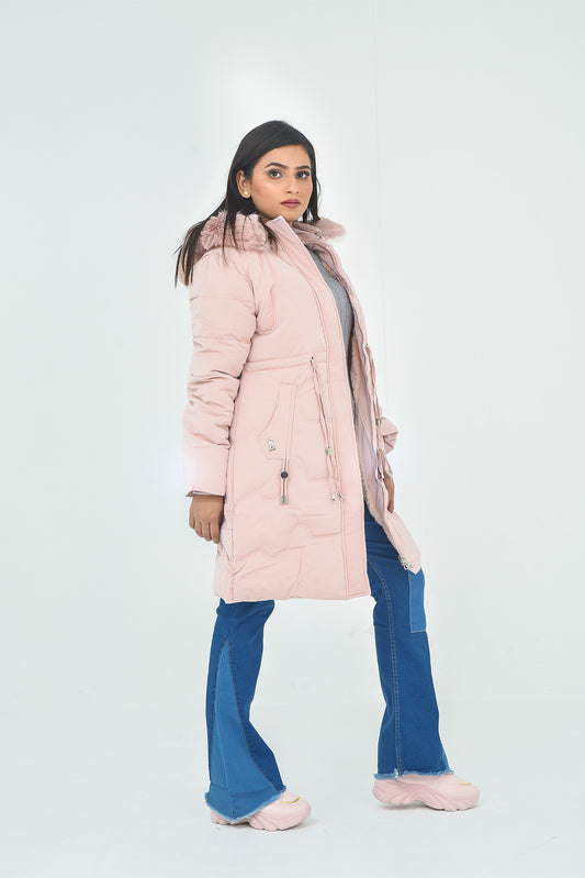 Women's Long Pink Hooded Winter Coat