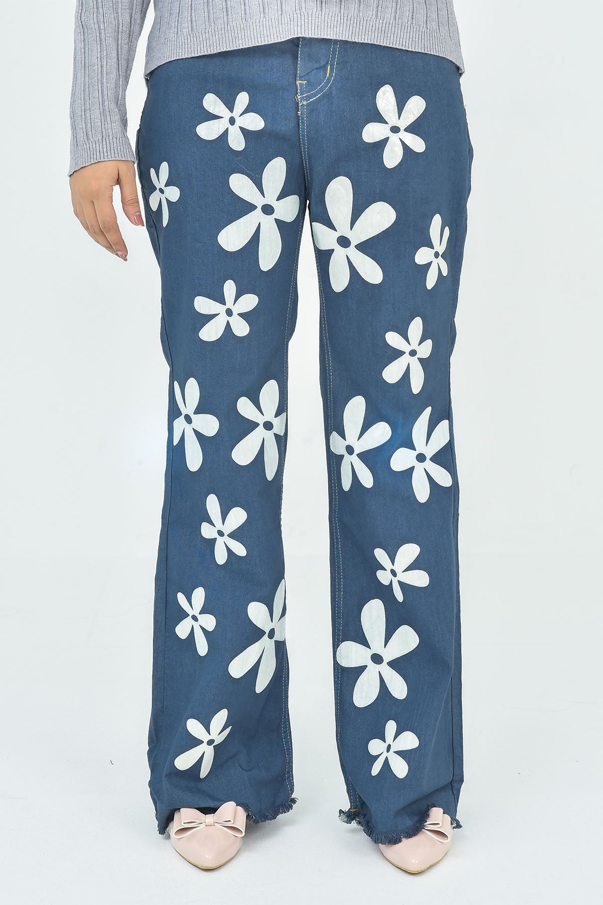 Women's Dark Blue Floral Printed Denim Jeans