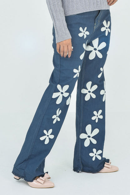 Women's Dark Blue Floral Printed Denim Jeans