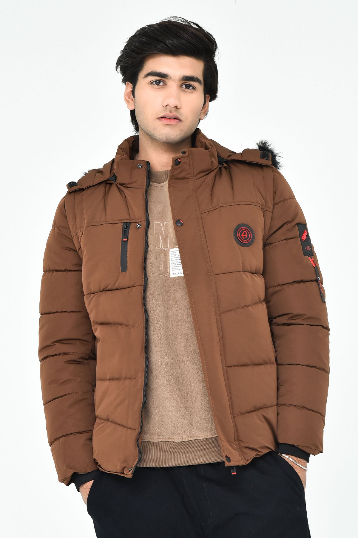 Men's Brown Puffer Jacket with Hood