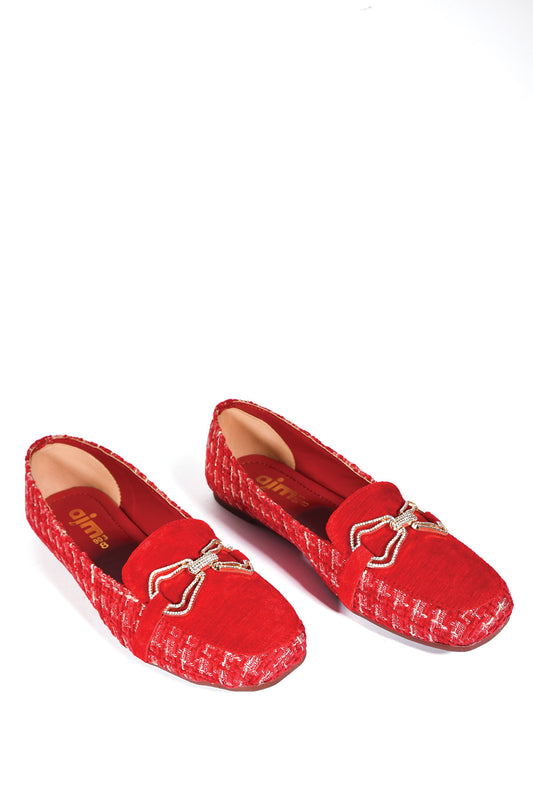 Red Tweed Loafers with Embellished