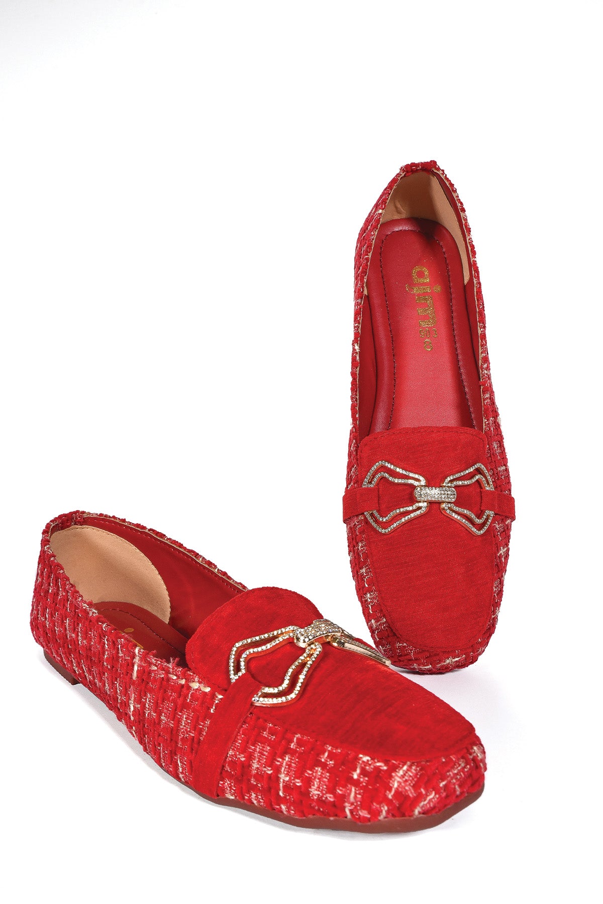 Red Tweed Loafers with Embellished