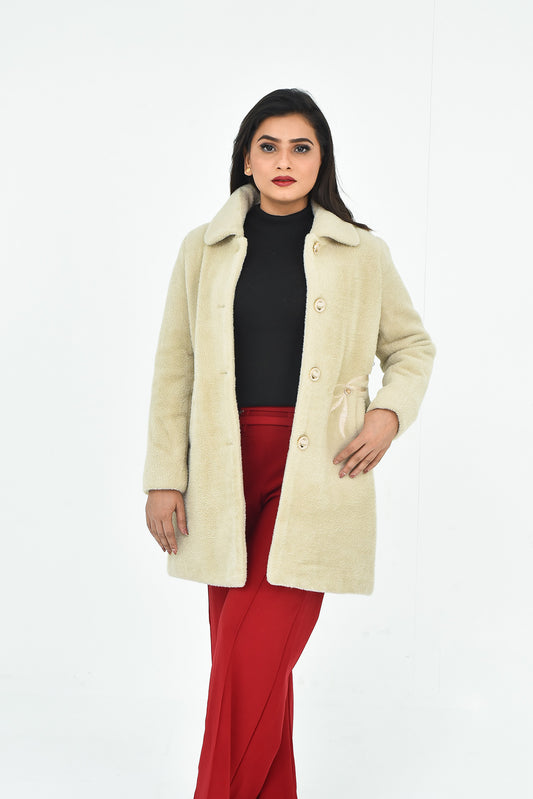 Women's Cream Faux Fur Long Coat