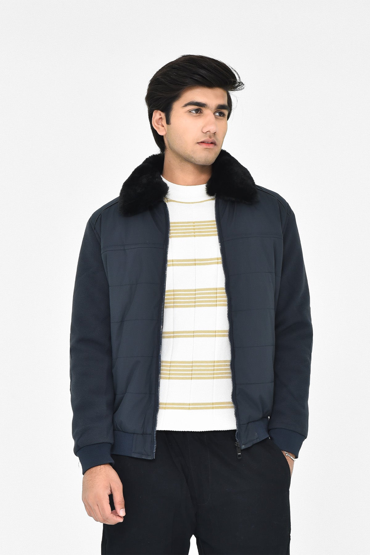 Men's Navy Jacket with Faux Fur Collar