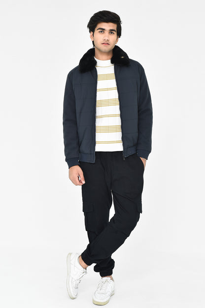 Men's Navy Jacket with Faux Fur Collar