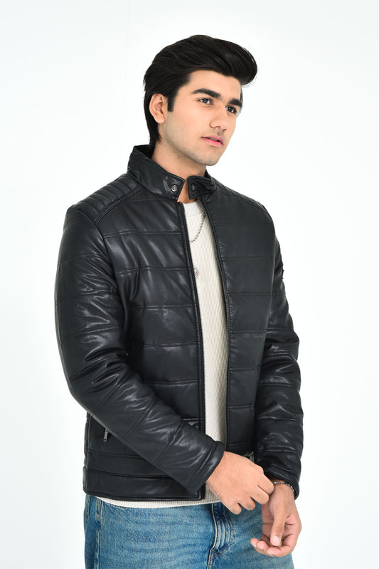 Men's Black Puffer Leather Jacket