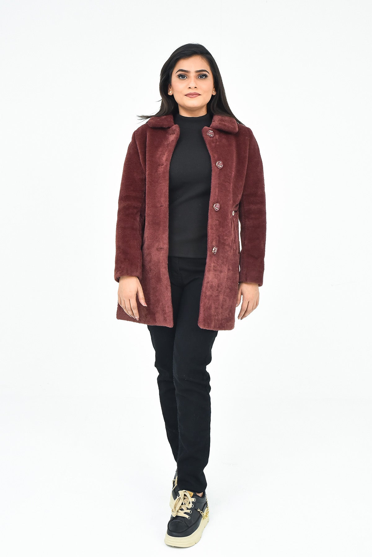 Women's Maroon Faux Fur Long Coat