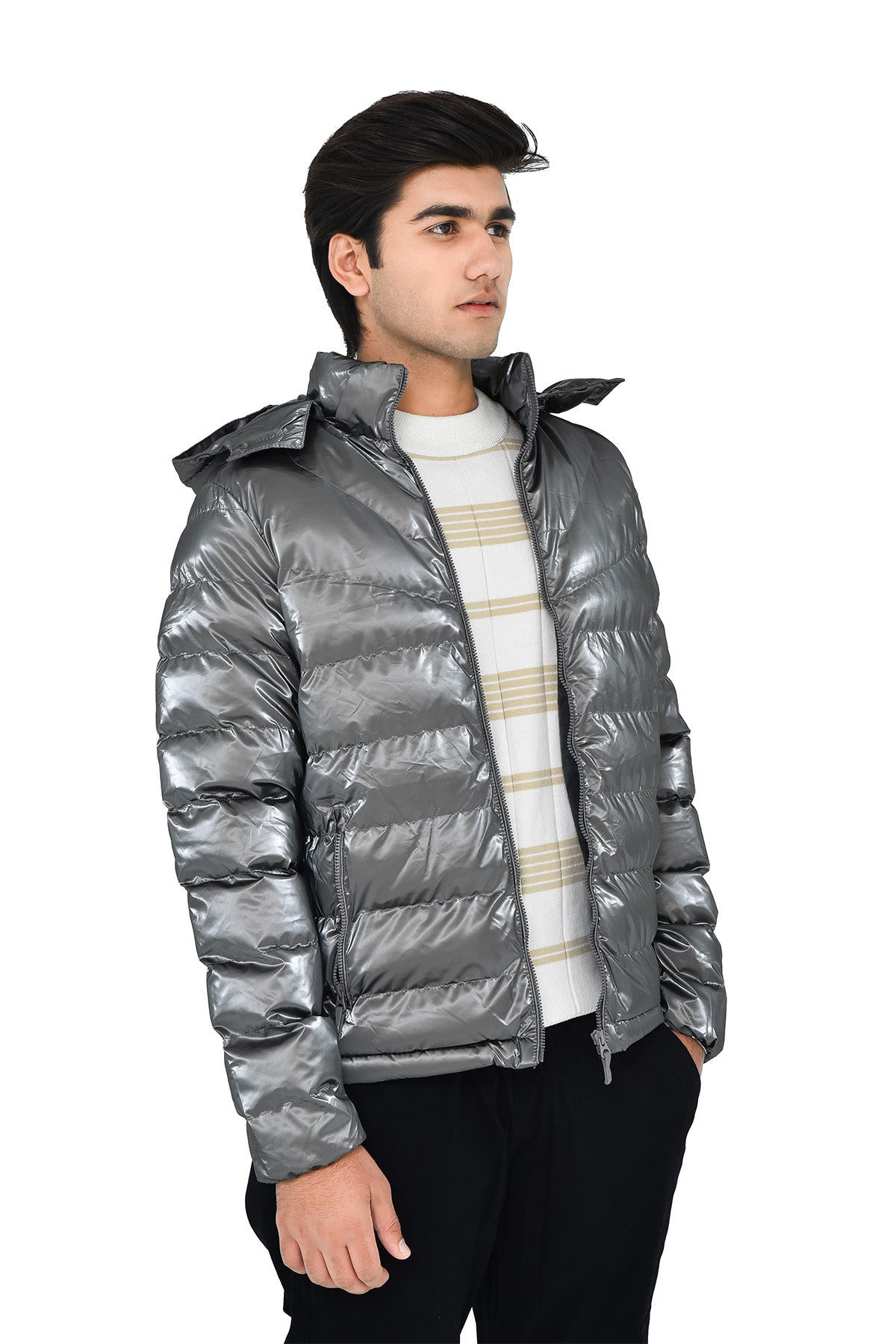 Men's Shiny Silver Puffer Jacket