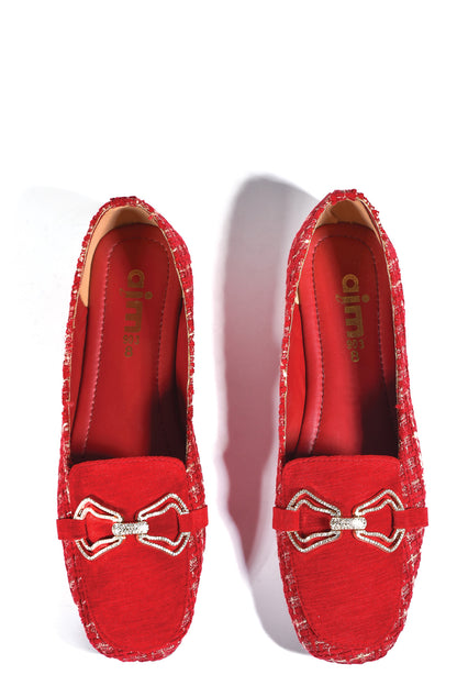 Red Tweed Loafers with Embellished