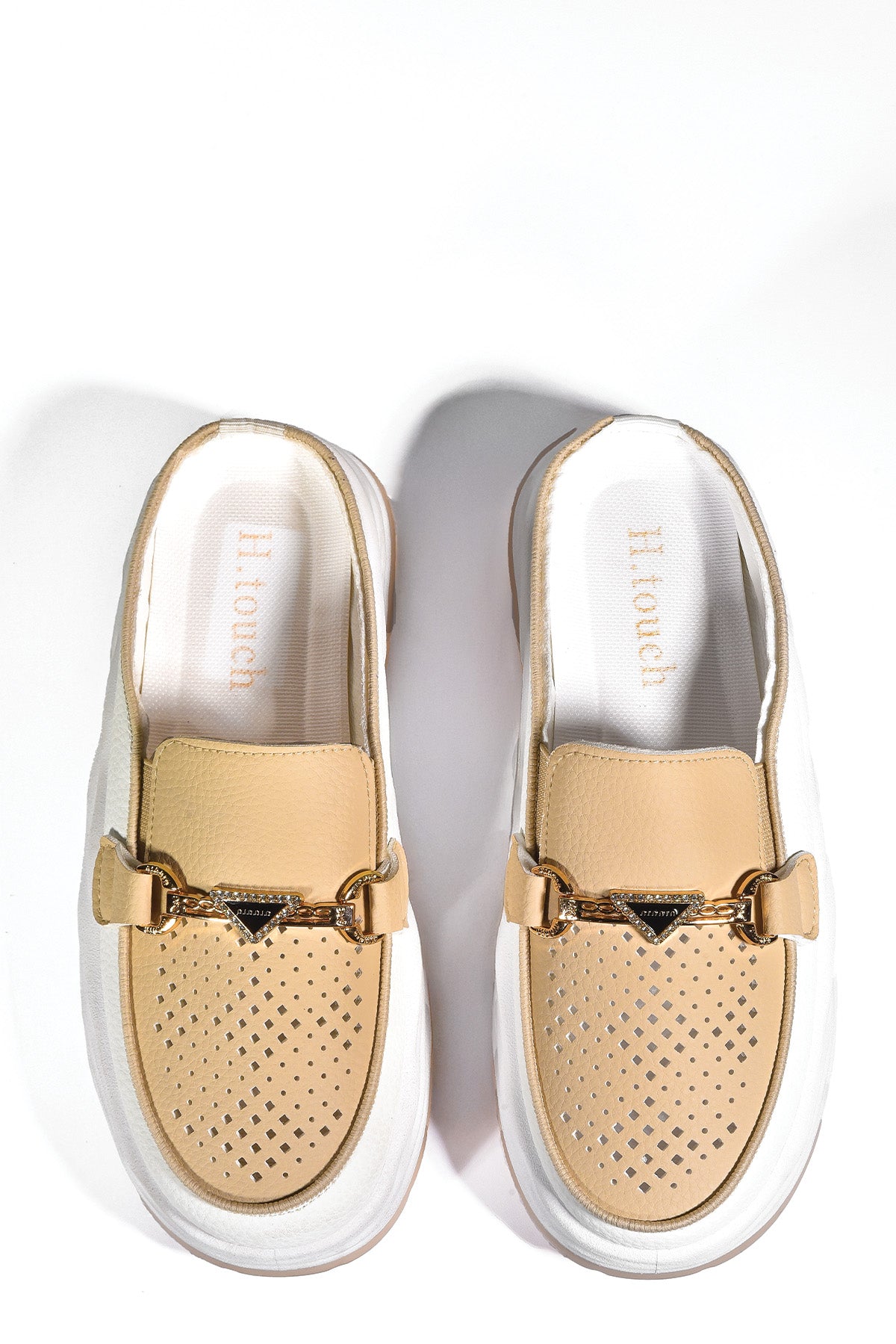 Beige Perforated Mules with Gold Accent