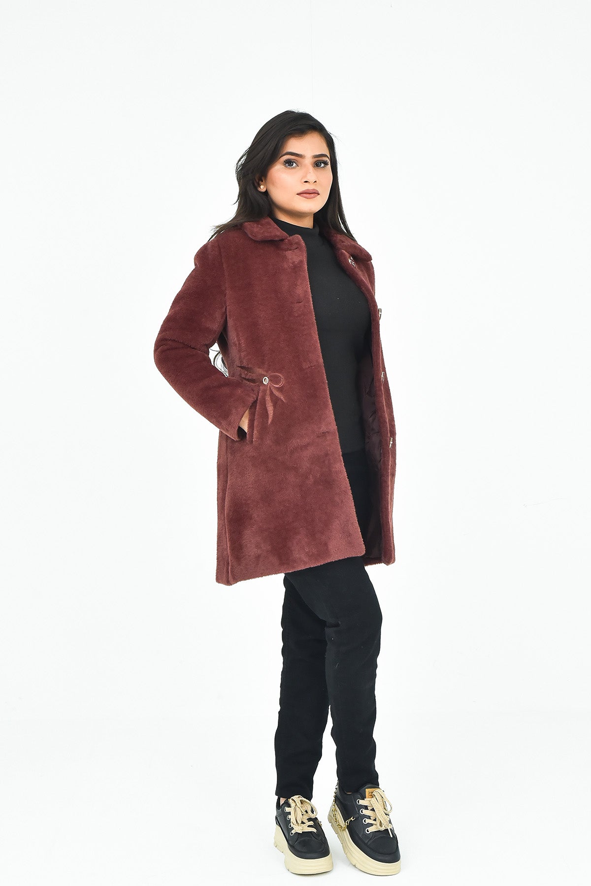 Women's Maroon Faux Fur Long Coat