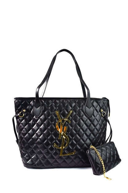 Black Quilted Handbag with Gold Accents