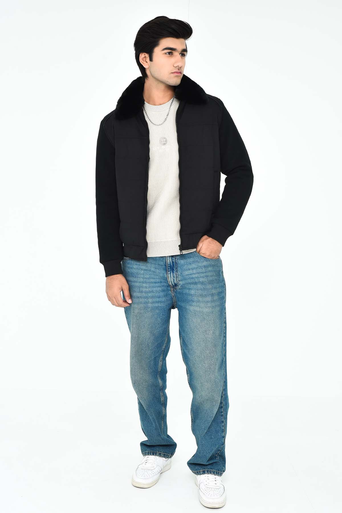 Men's Black Jacket Fur Collar