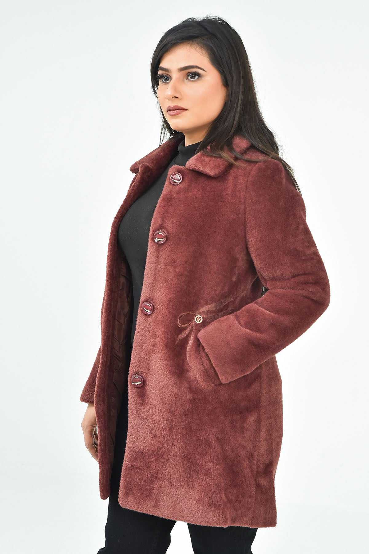 Women's Maroon Faux Fur Long Coat