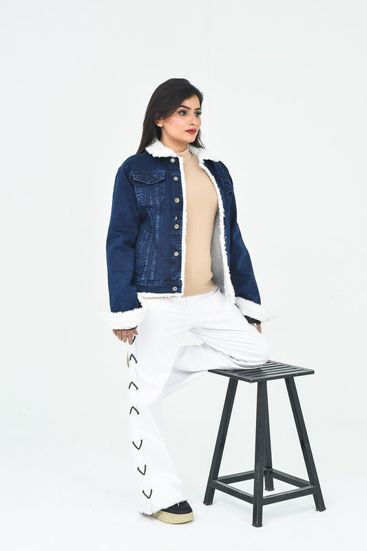 Women's Blue Faux Fur Trim Denim Jacket