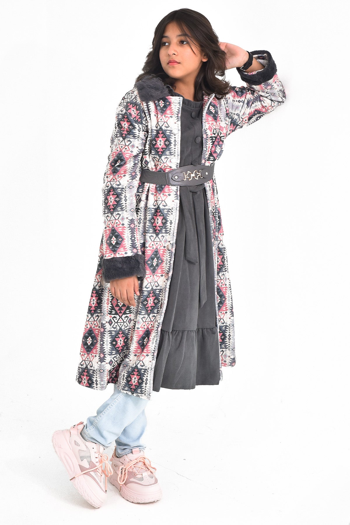 Aztec Print Fur Long Coat - Grey