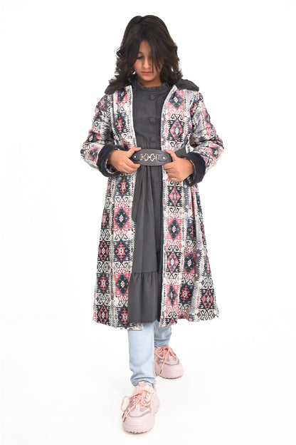 Aztec Print Fur Long Coat - Grey