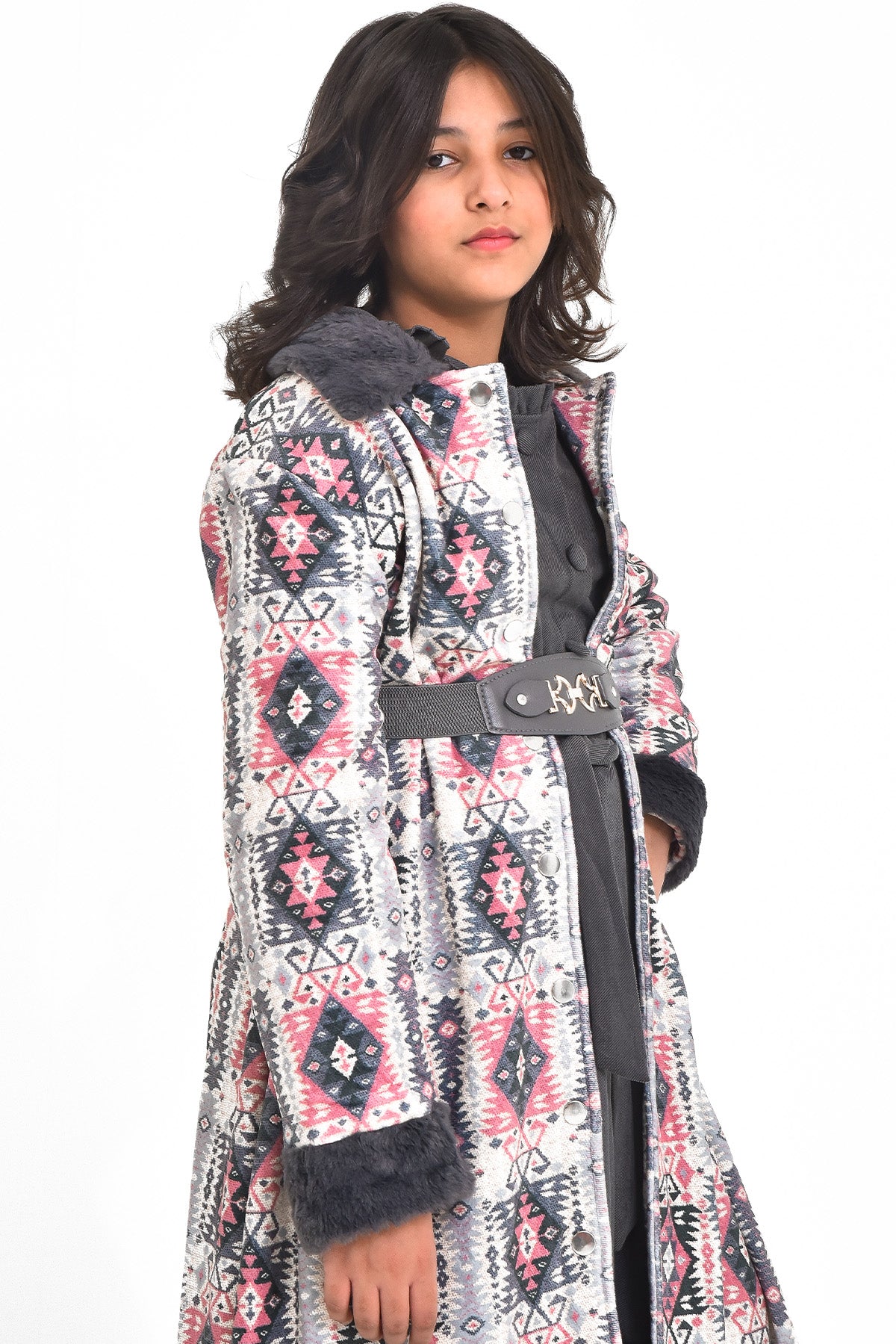 Aztec Print Fur Long Coat - Grey