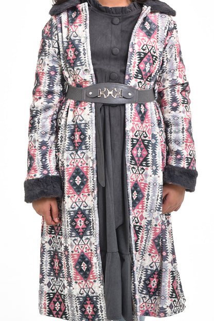 Aztec Print Fur Long Coat - Grey