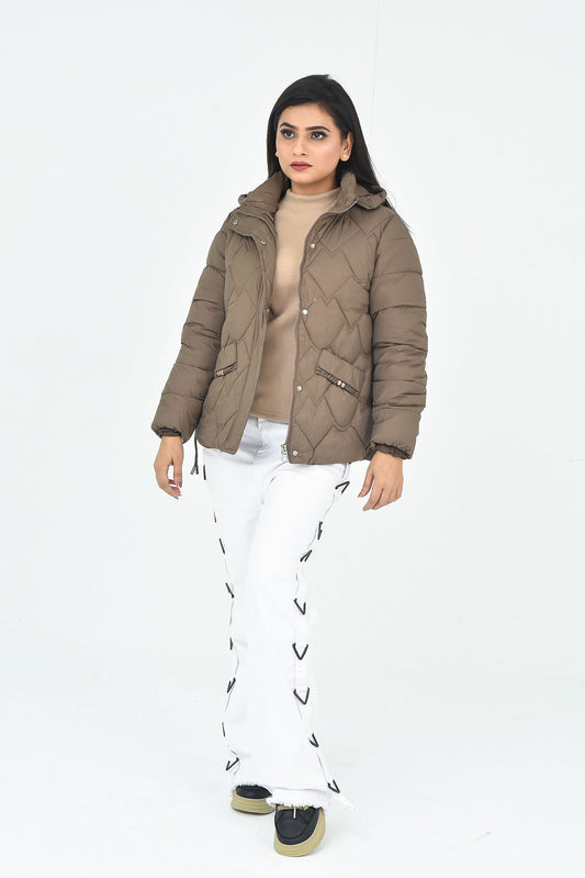 Women's Quilted Hooded Puffer Jacket in Khaki