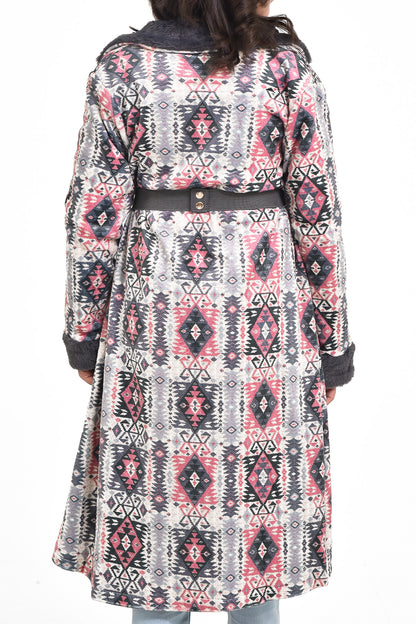 Aztec Print Fur Long Coat - Grey