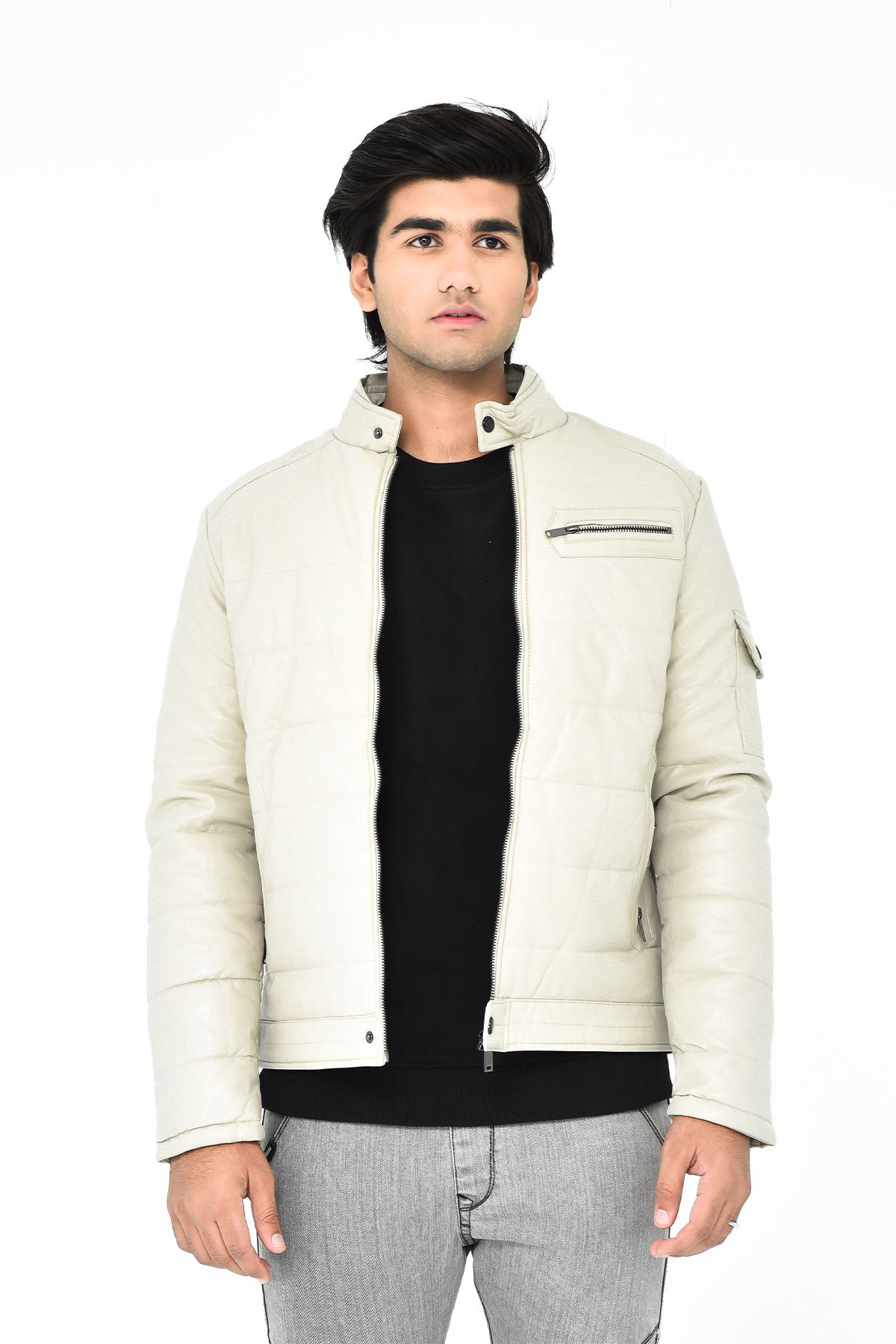 Men's Light Beige Moto Leather Jacket