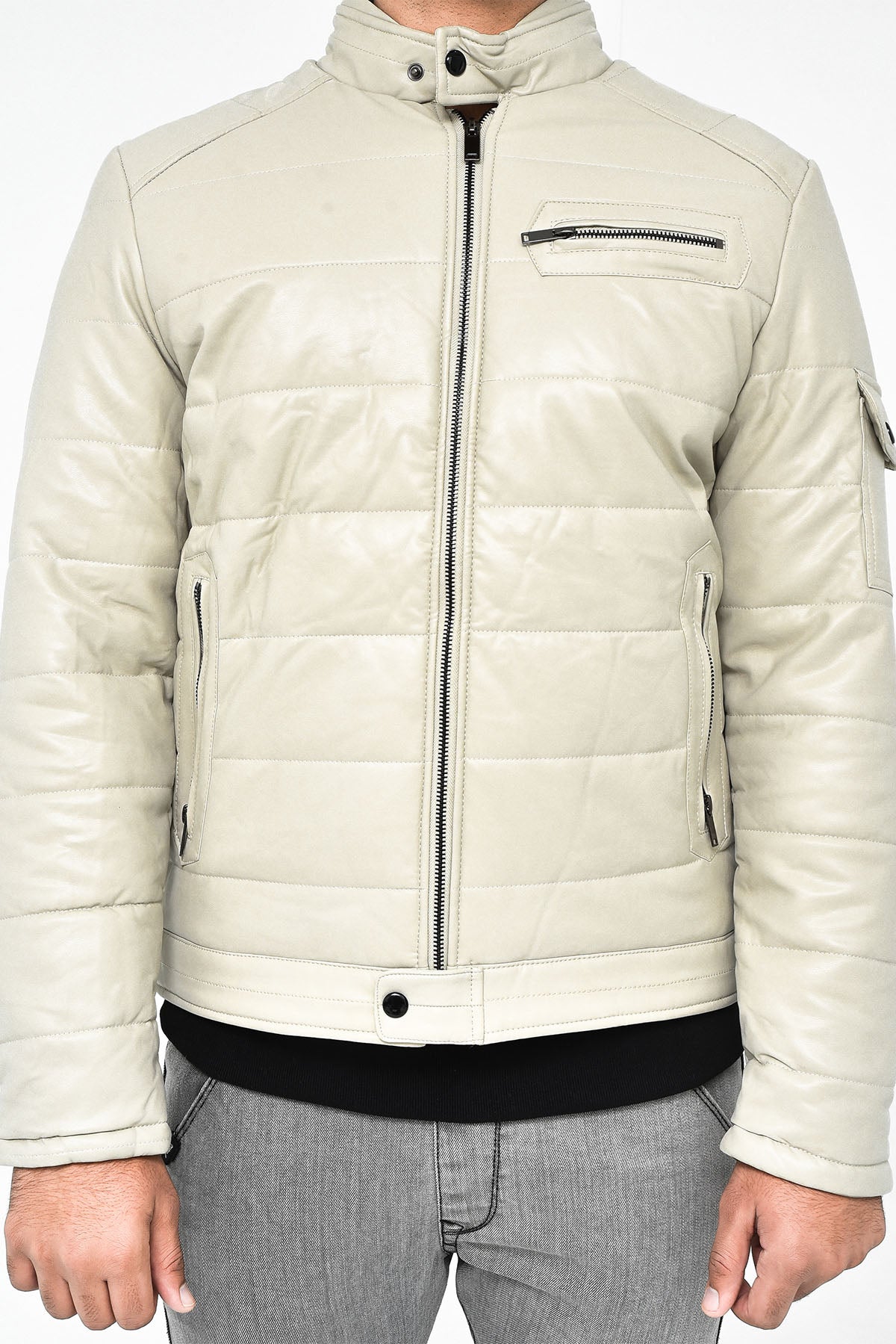 Men's Light Beige Moto Leather Jacket