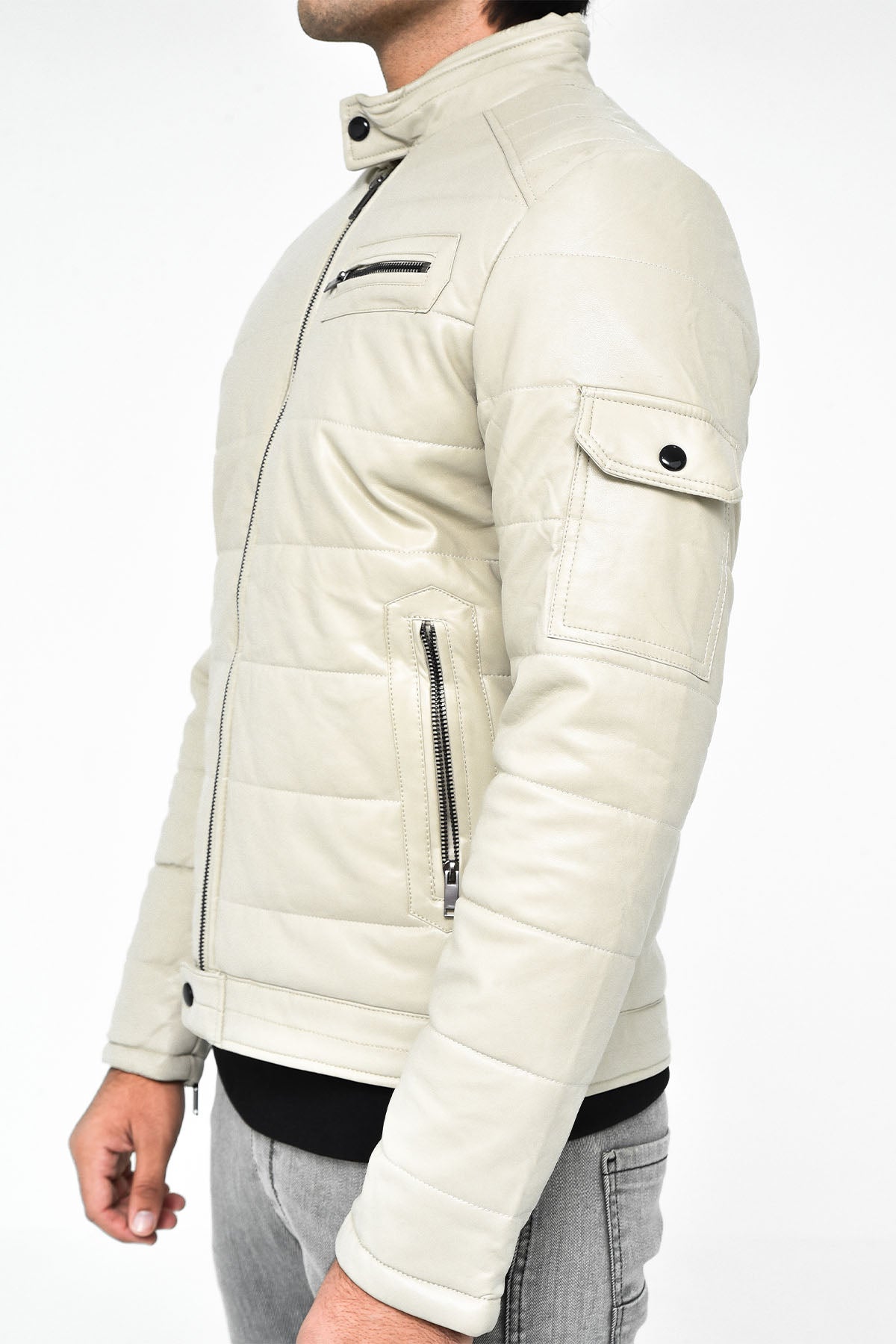 Men's Light Beige Moto Leather Jacket