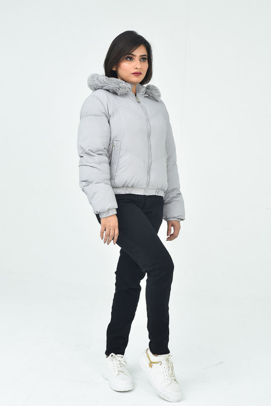 Women's Gray Hooded Winter Puffer Jacket