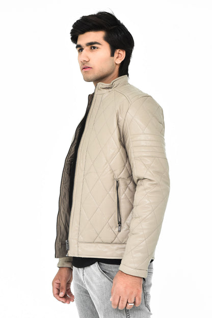 Men's Beige Quilted Leather Jacket