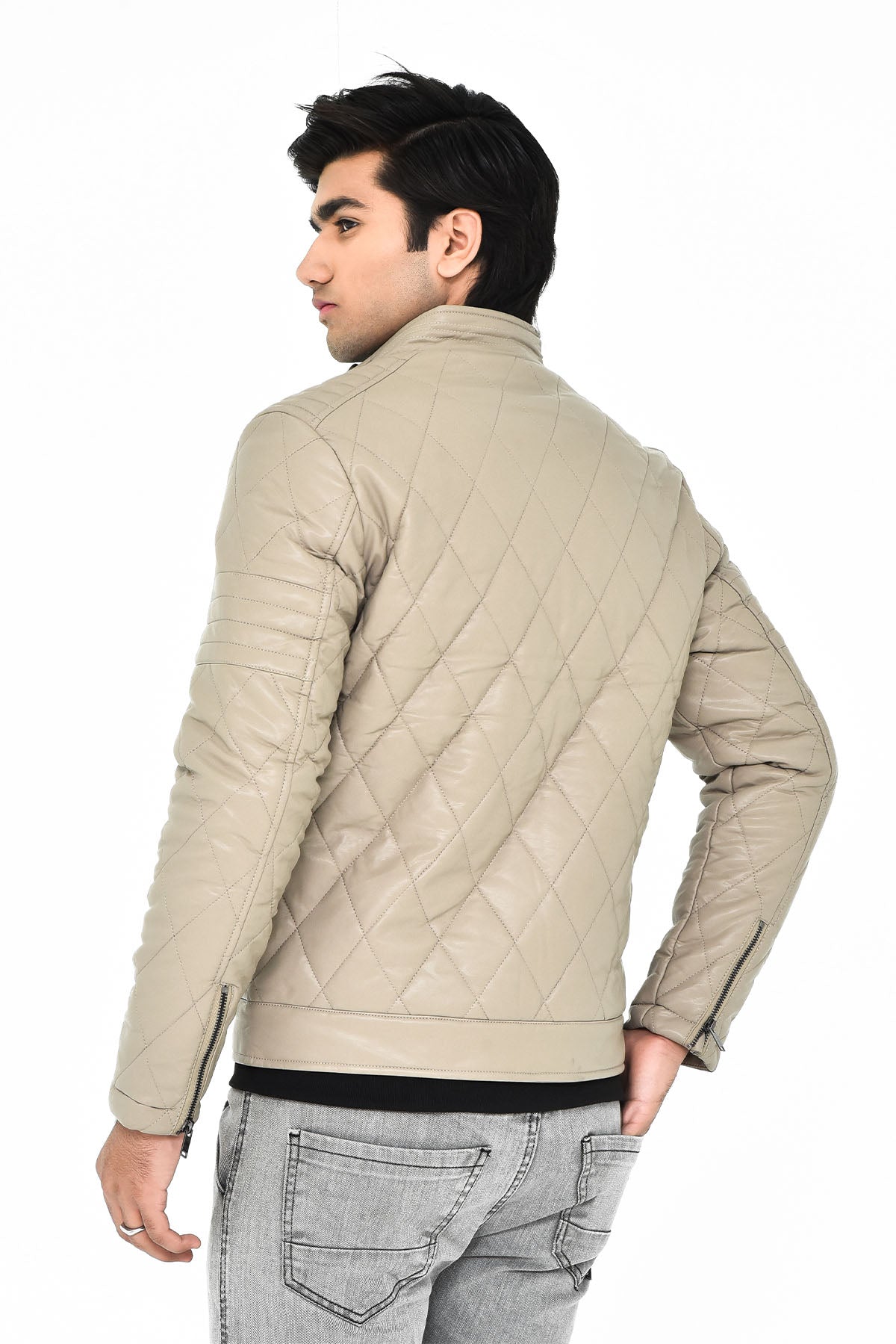 Men's Beige Quilted Leather Jacket