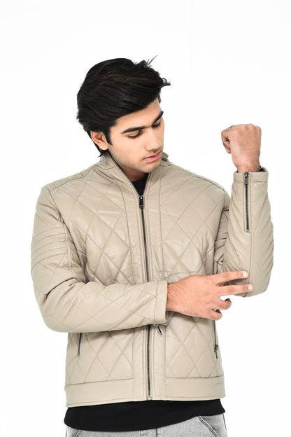 Men's Beige Quilted Leather Jacket